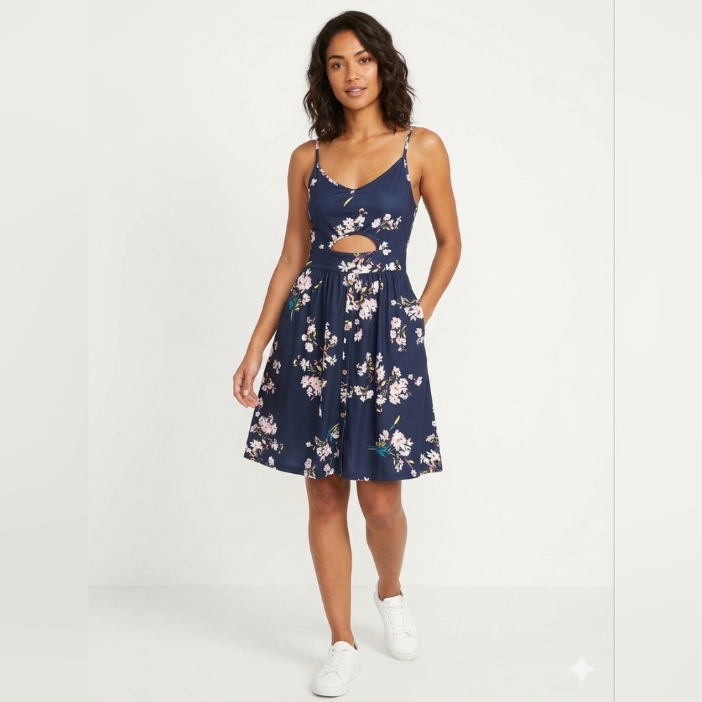 Anthology Style Navy Floral Cut-Out Midi Dress | 95% Cotton | Pockets | Size S